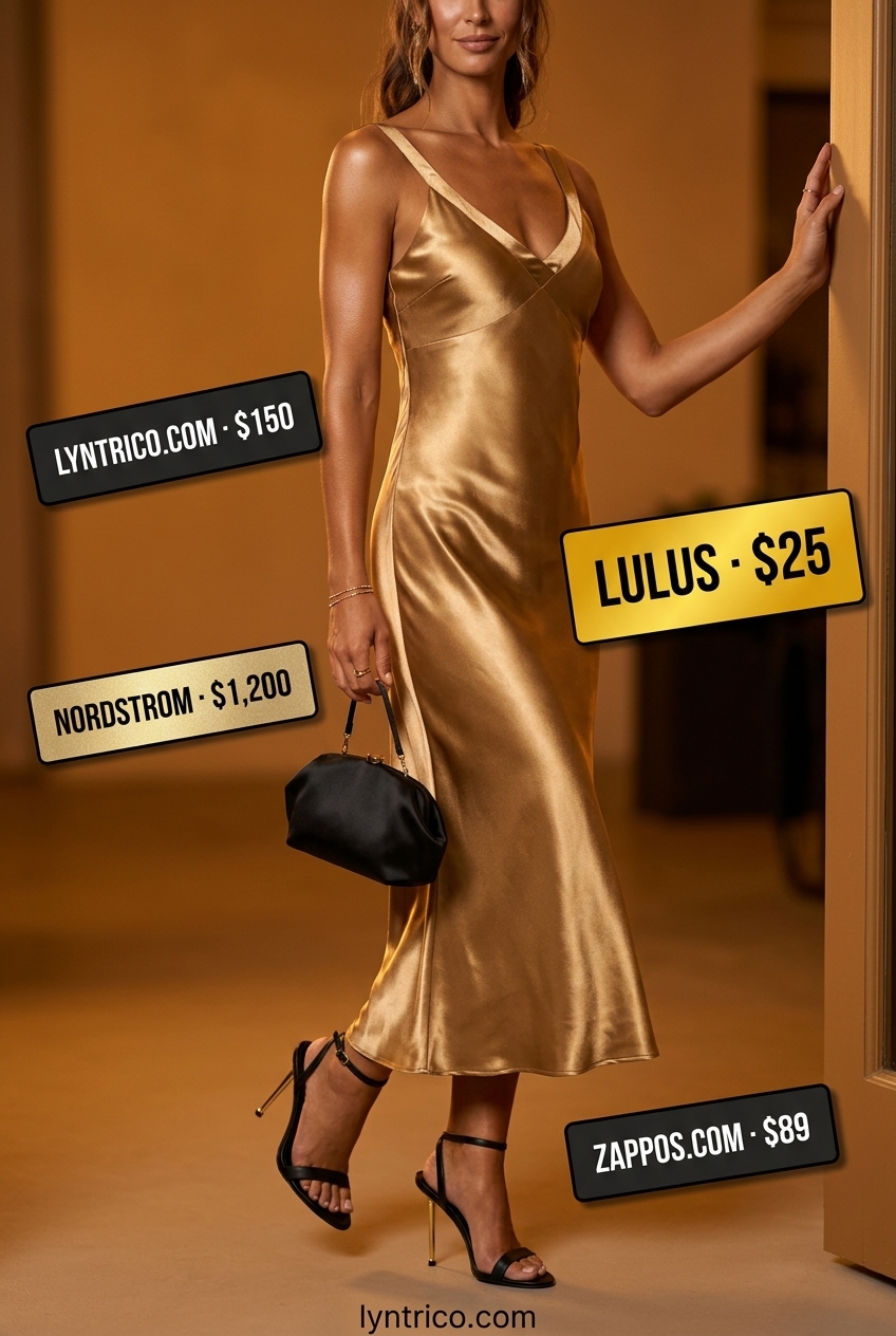 Summer outfits for women with golden skin tone 2026: Gold satin slip dress for glamorous night out.