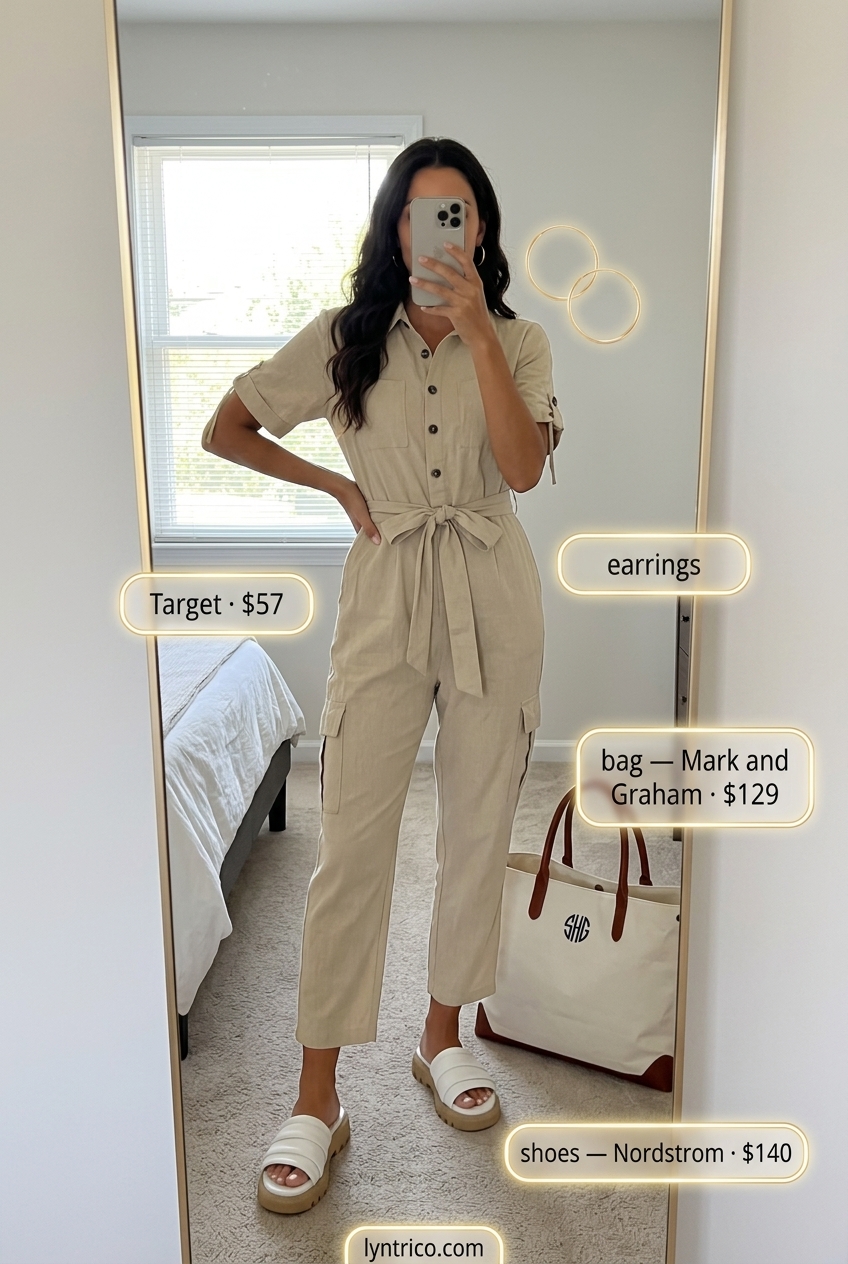 Summer outfits for women with golden skin tone 2026: Sandy beige linen utility jumpsuit, white slides, gold hoops for travel.