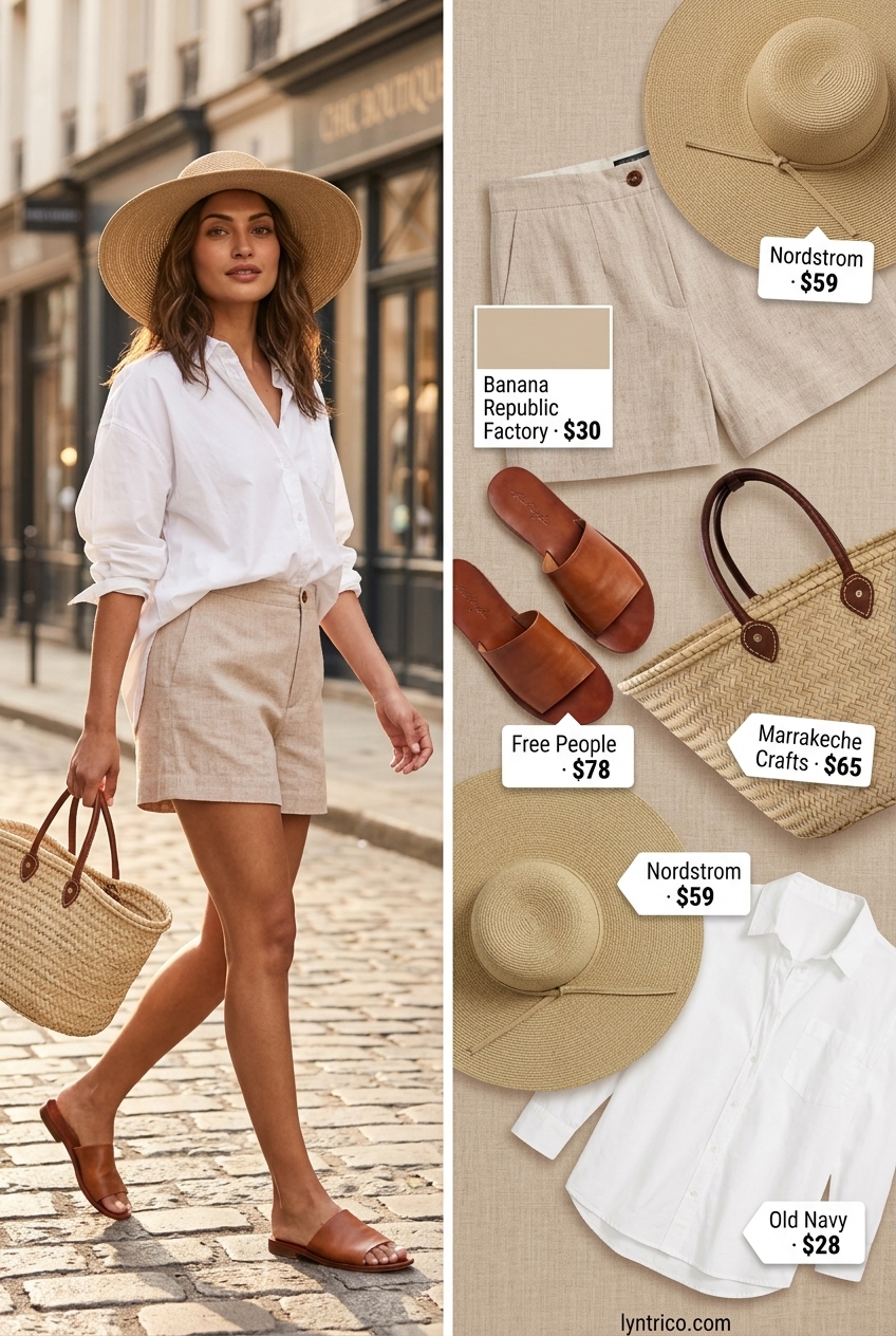 Summer outfits for women with golden skin tone 2026: Linen shorts with white shirt for coastal casual.