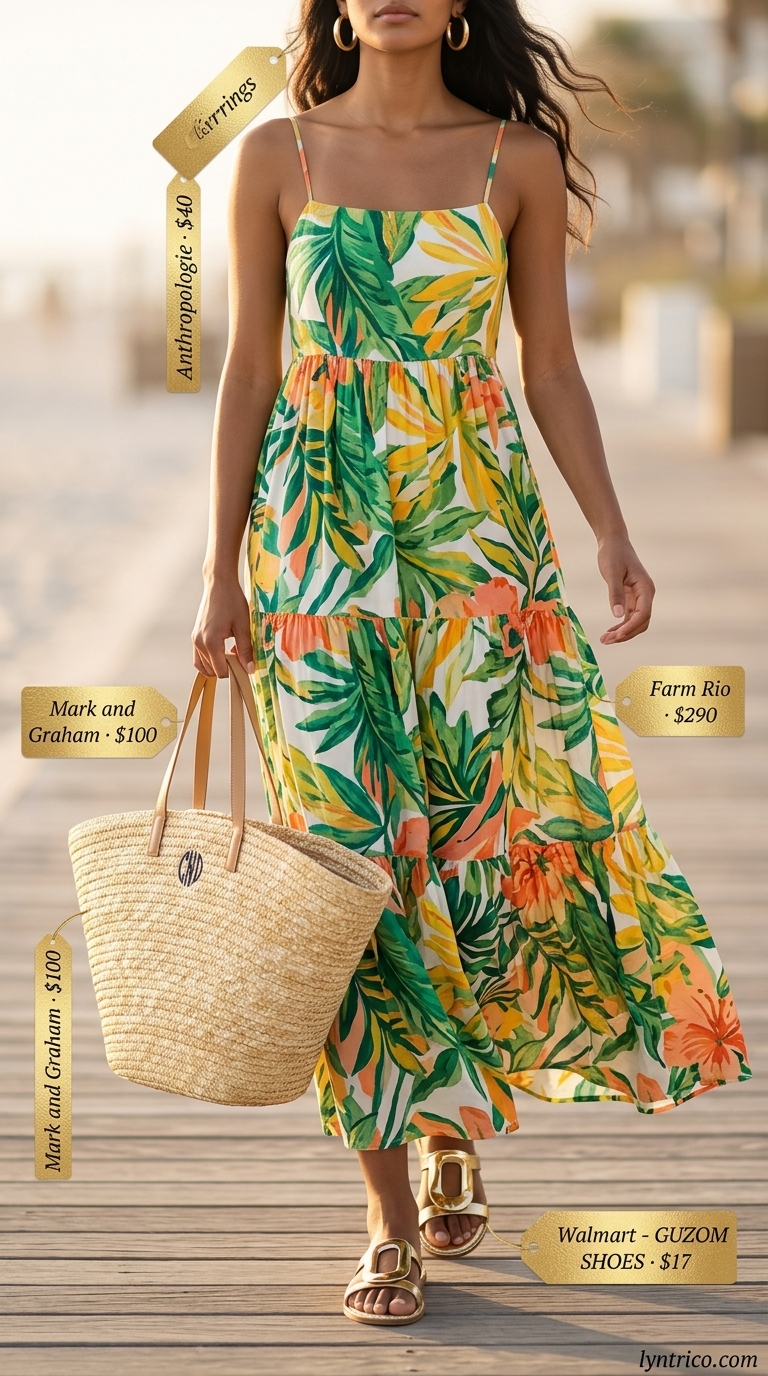 Summer outfits for women with golden skin tone 2026: Tropical print maxi caftan, gold slides, straw tote for beach cover-up.