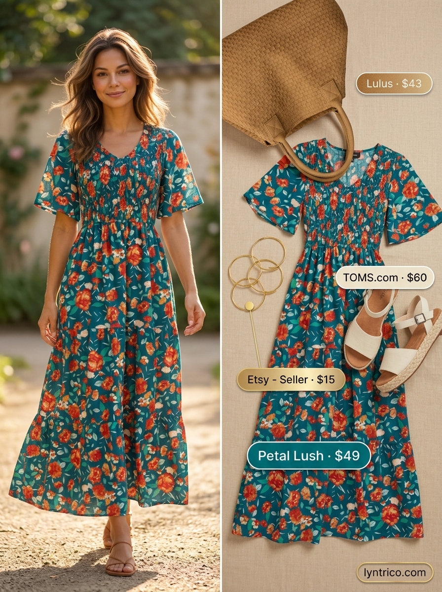 Summer outfits for women with golden skin tone 2026: Teal coral floral maxi dress, espadrilles, gold bangles for beach resort.