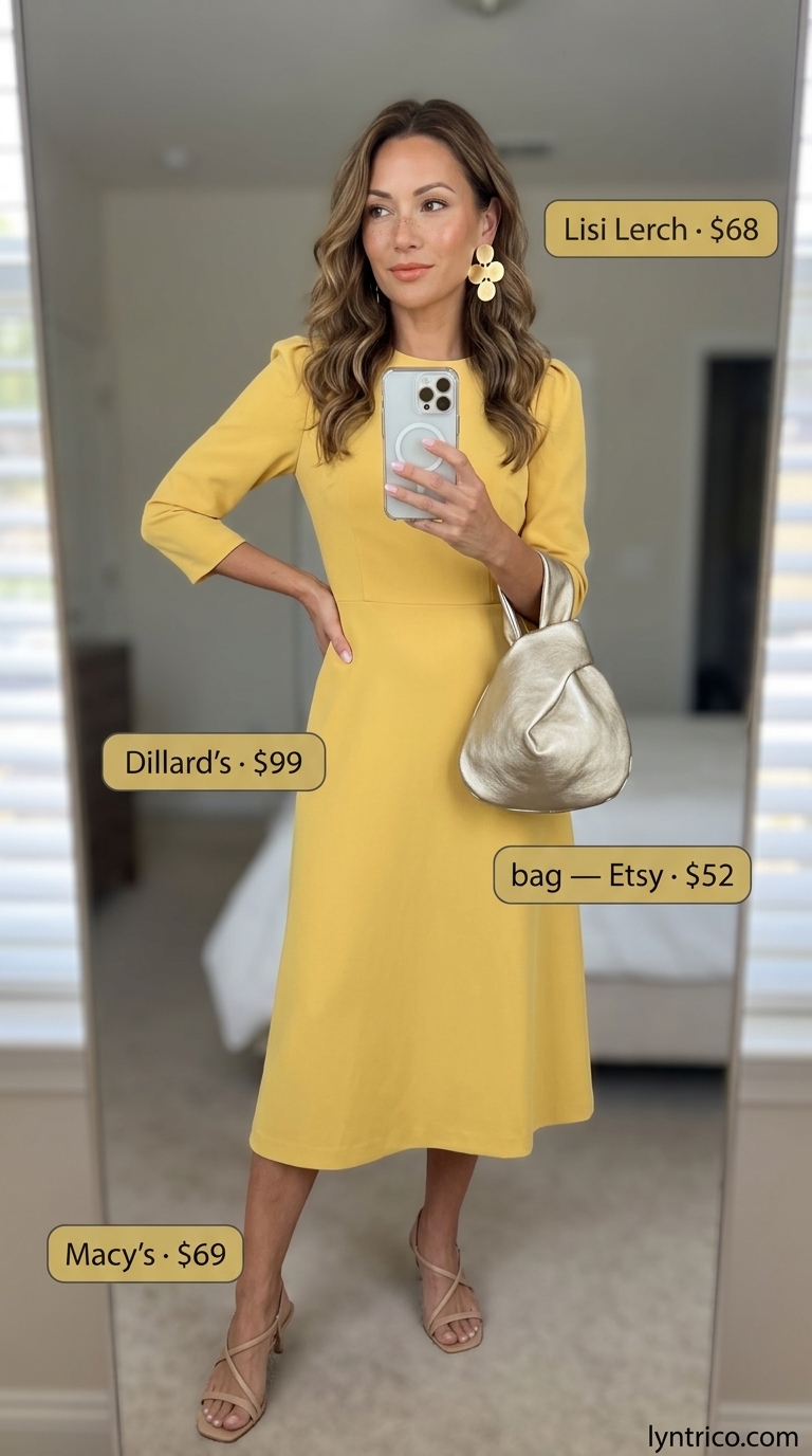 Summer outfits for women with golden skin tone 2026: Golden yellow midi dress, statement gold earrings, nude heels for wedding guest.