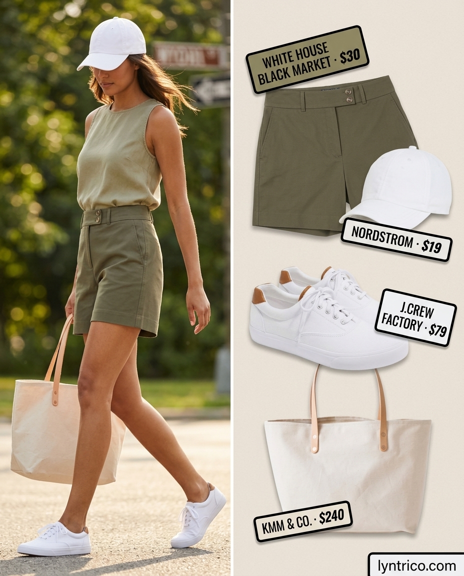 Summer outfits for women with golden skin tone 2026: Olive green shorts set, white sneakers, canvas tote for casual weekend.