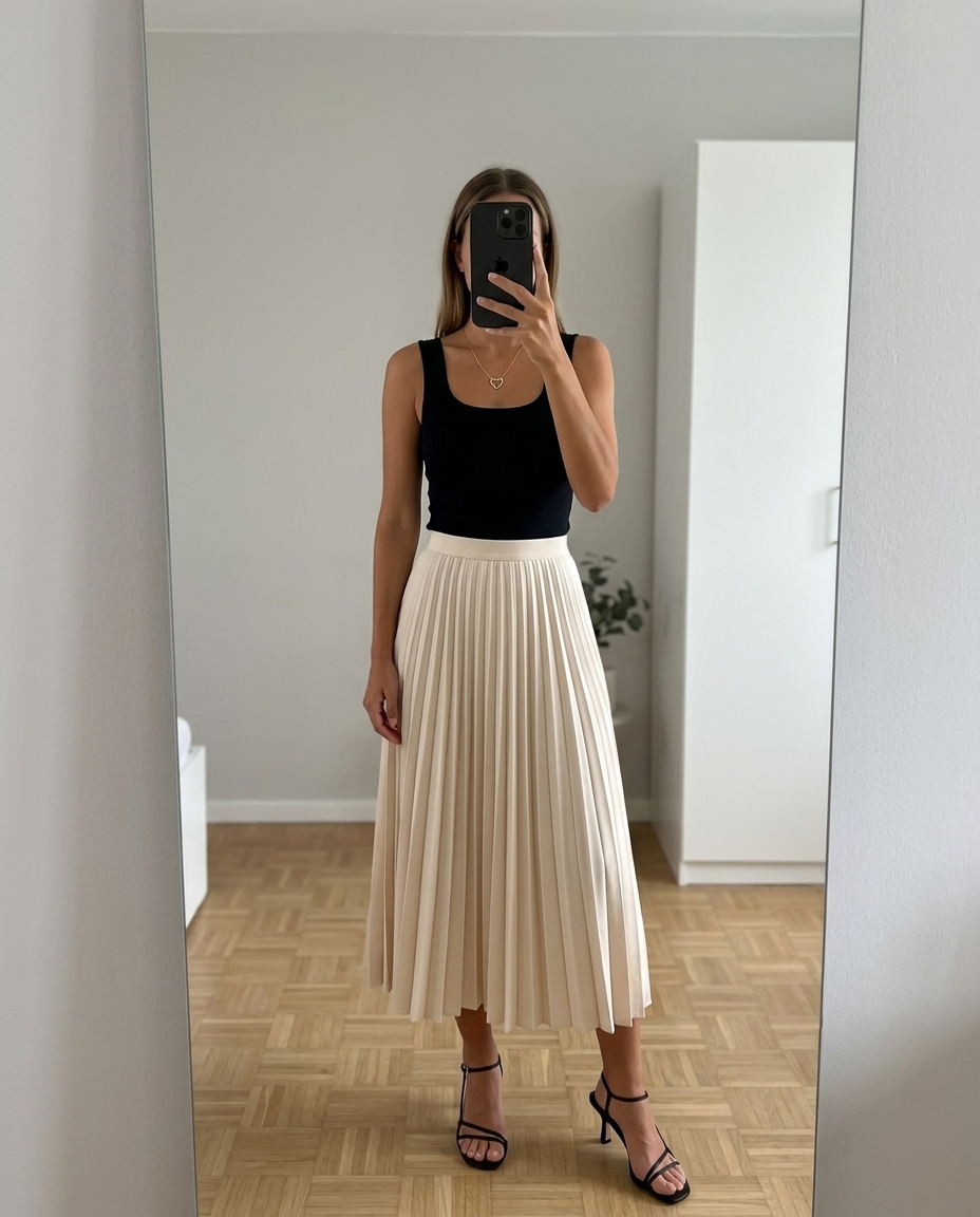 Summer outfits for women with golden skin tone 2026: Champagne silk slip skirt, black ribbed tank, gold necklace for evening.