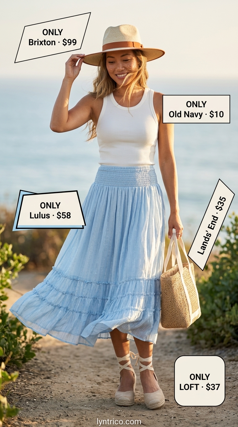 Summer outfits for women with golden skin tone 2026: Sky blue midi skirt with white tank for coastal casual.