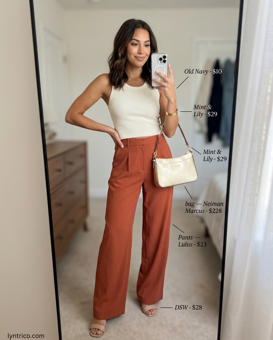 Summer outfits for women with golden skin tone 2026: Burnt orange wide-leg pants, cream tank, gold metallic bag for evening.