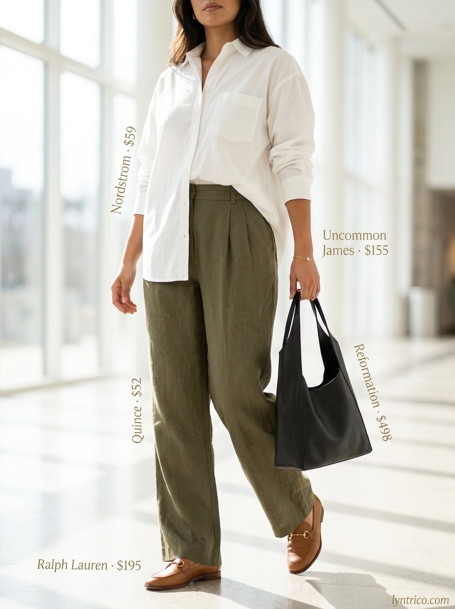Summer outfits for women with golden skin tone 2026: Olive green wide-leg trousers, white shirt, tan loafers for smart casual.