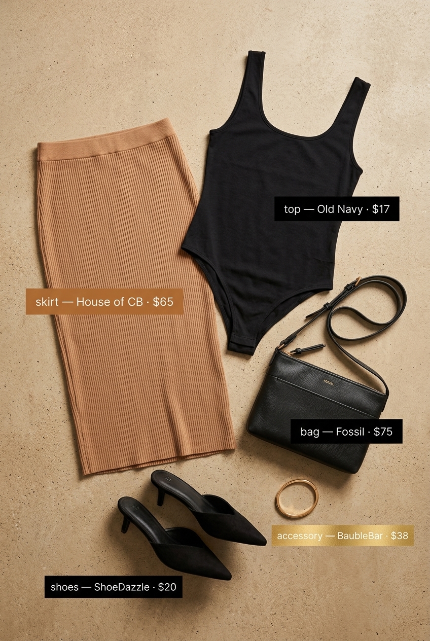 Summer outfits for women with golden skin tone 2026: Camel knit midi skirt with black bodysuit & heeled mules for a modern look.