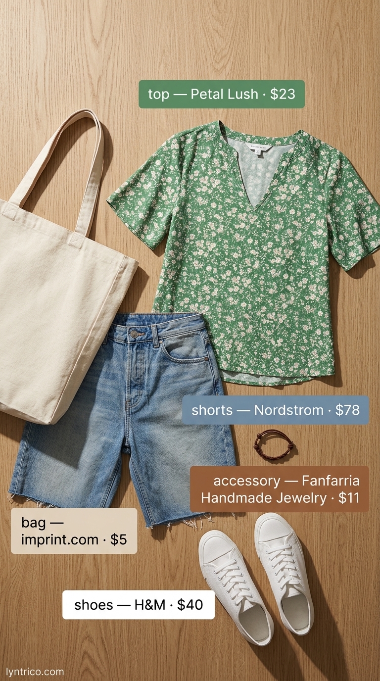 Summer outfits for women with golden skin tone 2026: Denim shorts with a floral blouse, white sneakers for a relaxed weekend look.