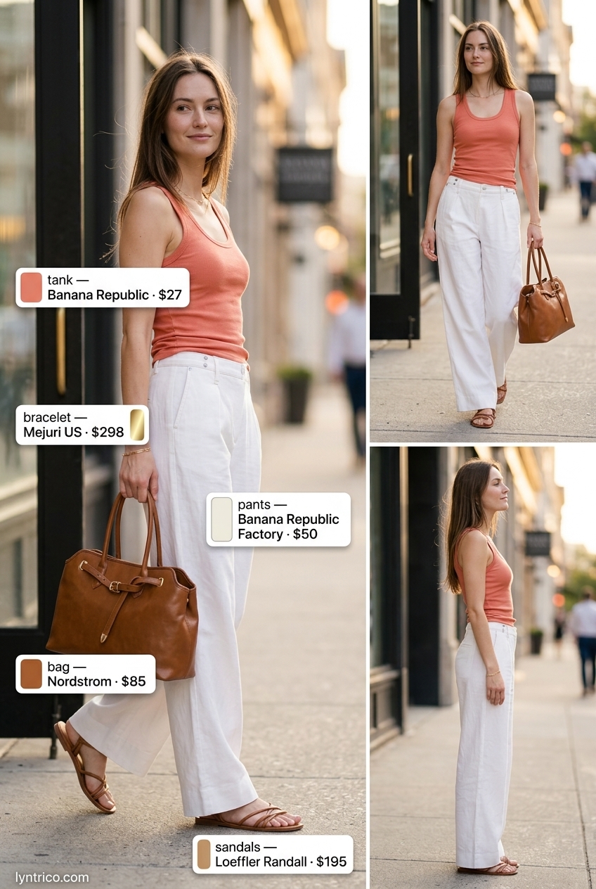 Summer outfits for women with golden skin tone 2026: Ivory linen trousers with coral tank top & tan sandals for smart casual.