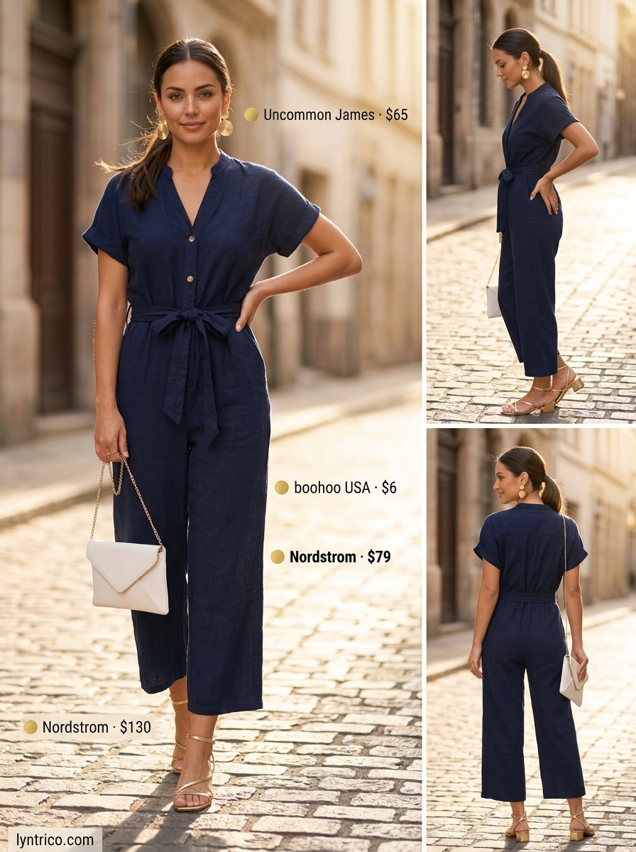 Summer outfits for women with golden skin tone 2026: Navy linen blend wide-leg jumpsuit with gold earrings for an elegant evening.