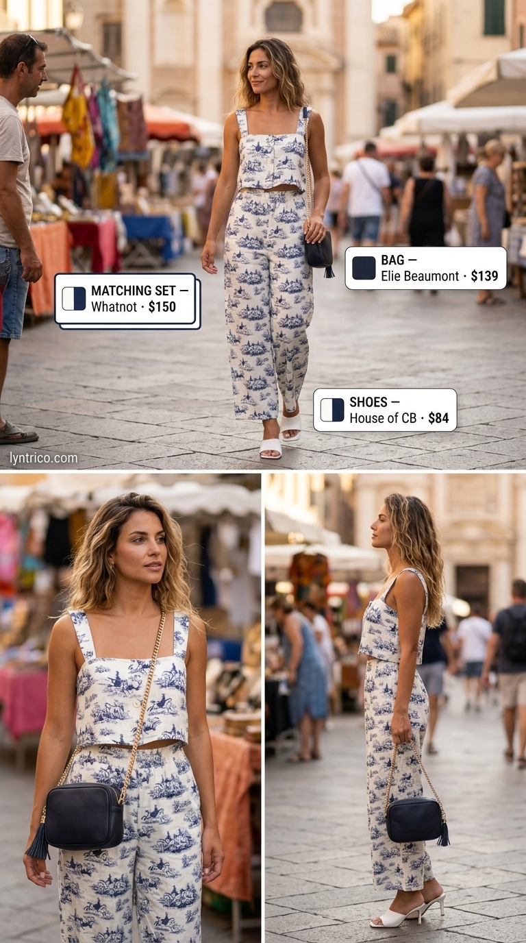 Summer outfits for women with golden skin tone 2026: Navy & white geometric co-ord set with gold earrings for a chic summer party.