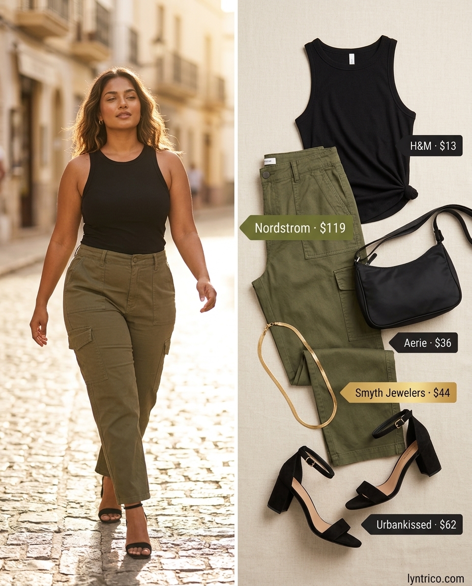Summer outfits for women with golden skin tone 2026: Olive green cargo pants with black tank top & heeled sandals for urban exploration.