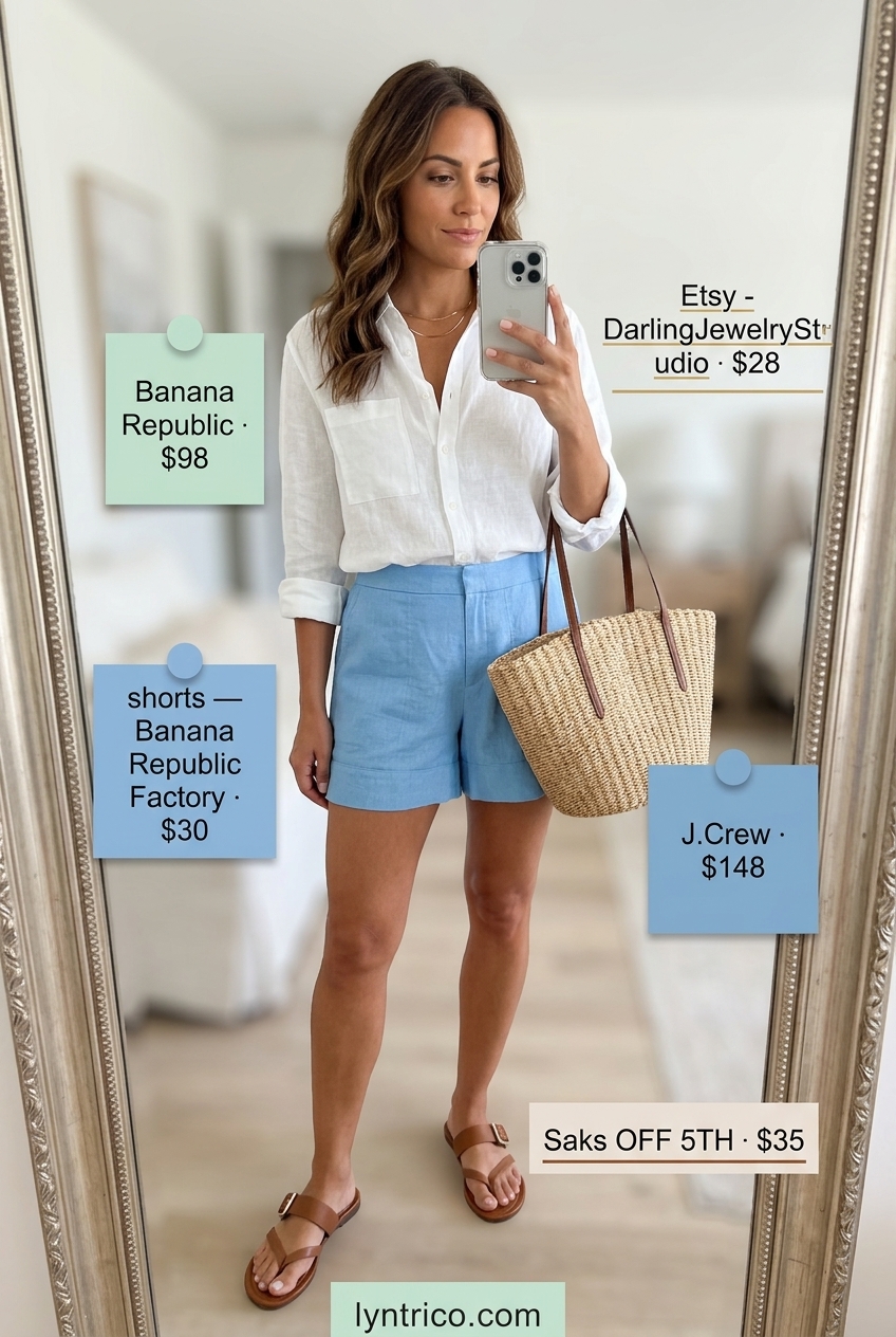 Summer outfits for women with golden skin tone 2026: Sky blue linen shorts with white linen shirt & tan slides for coastal vibes.