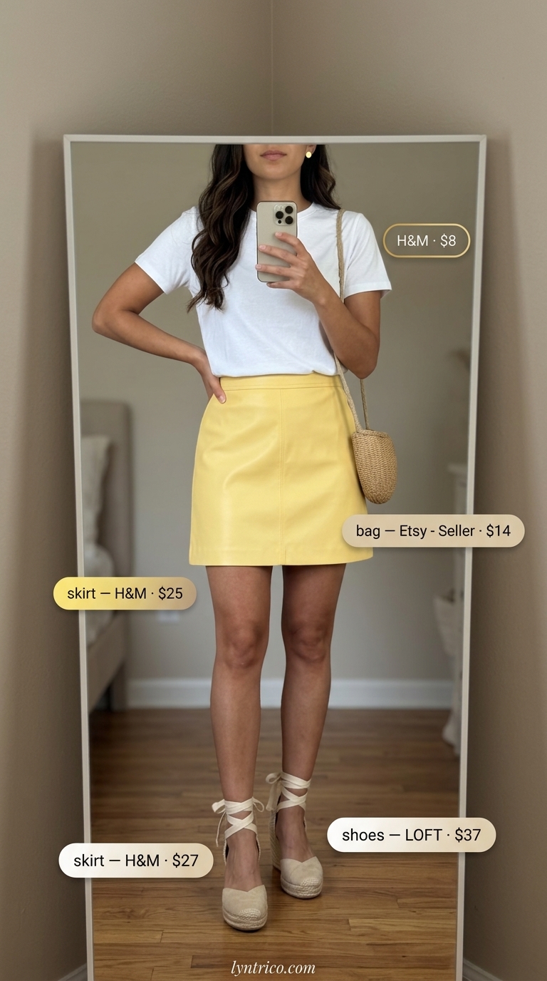Summer outfits for women with golden skin tone 2026: Bright lemon yellow mini skirt with white tee & espadrilles for a playful day out.