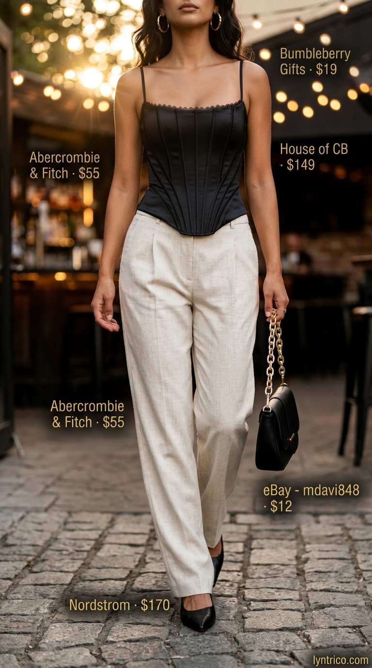 Summer outfits for women with olive skin tone 2026: Cream trousers, black corset top, black mules, gold hoops.