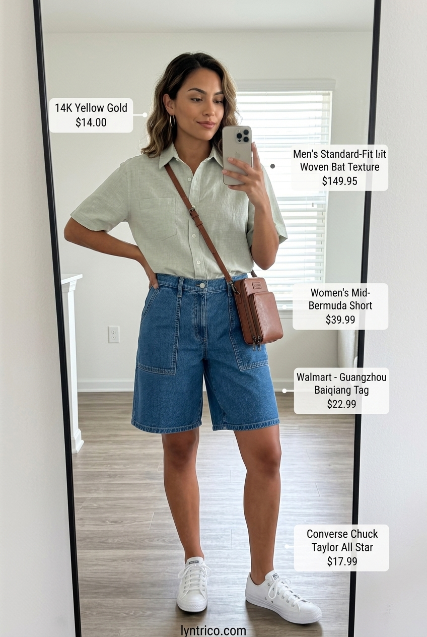 Summer outfits for women with olive skin tone 2026: Sage green linen shirt, denim shorts, white sneakers, gold hoops.