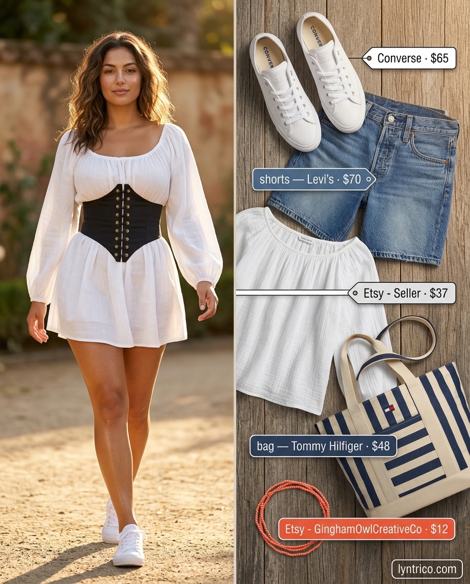 Summer outfits for women with olive skin tone 2026: White linen blouse, denim shorts, white sneakers, and coral bracelet.