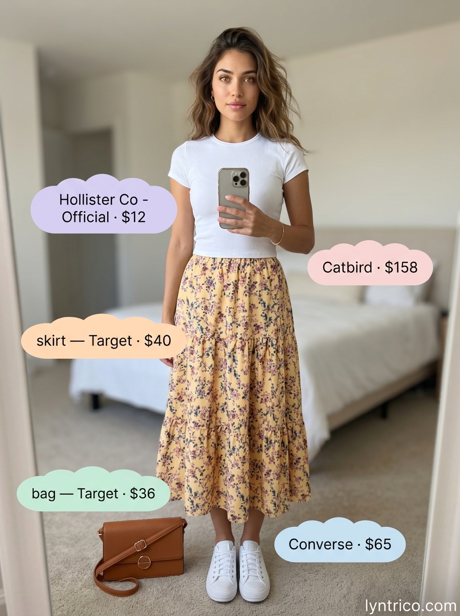 Summer outfits for women with olive skin tone 2026: Floral midi skirt, white tee, sneakers, and tan crossbody bag.