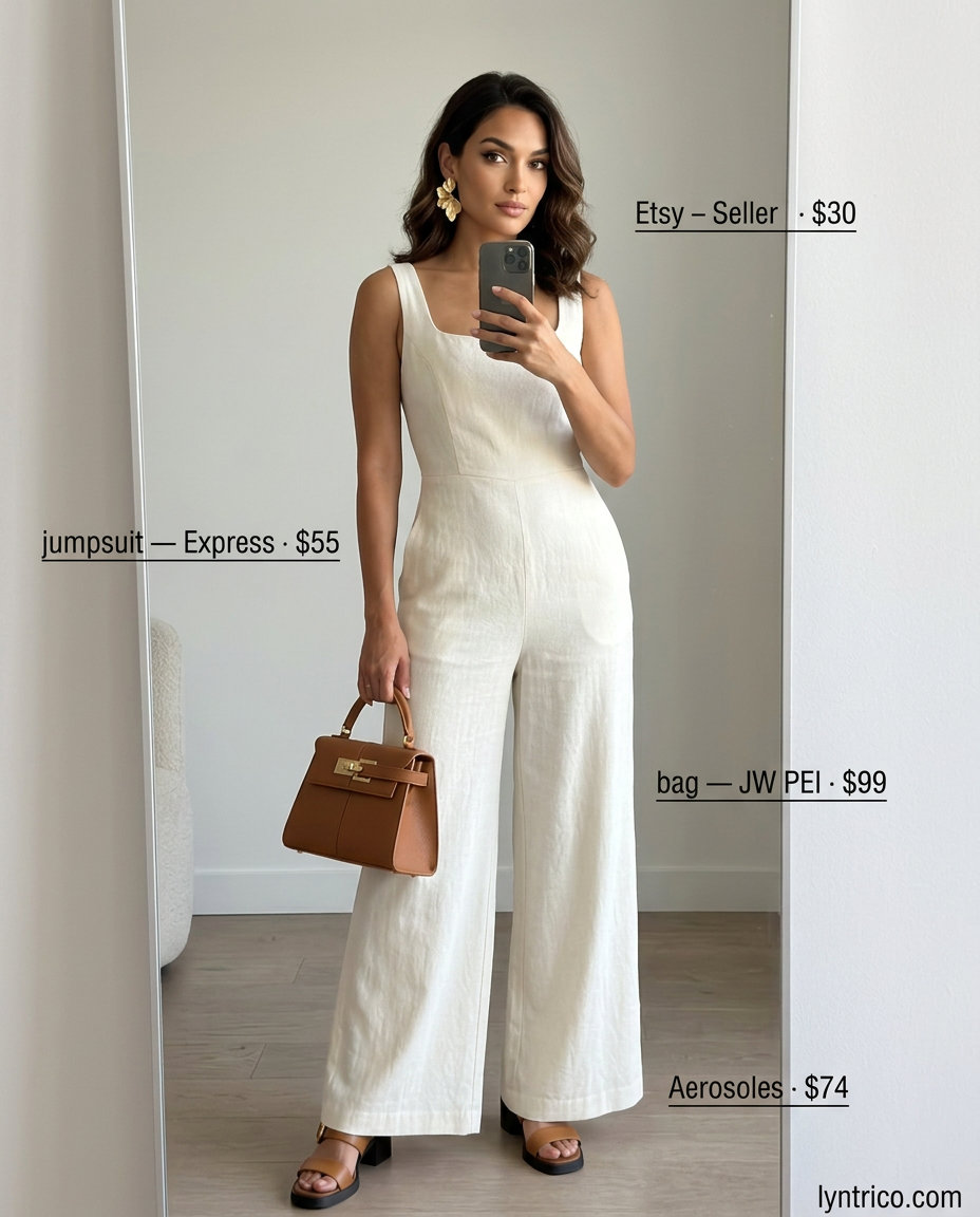Summer outfits for women with olive skin tone 2026: Ivory linen jumpsuit, tan sandals, gold statement earrings.
