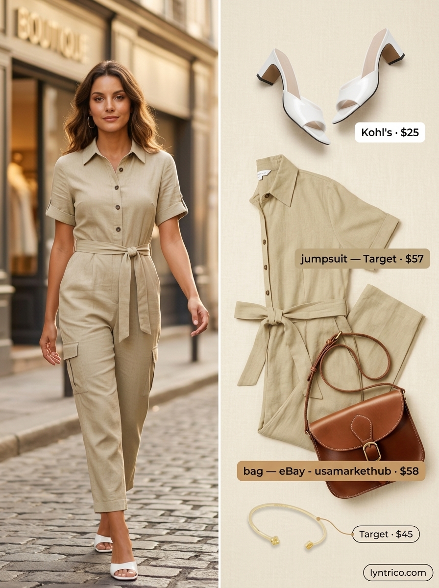 Summer outfits for women with olive skin tone 2026: Khaki utility jumpsuit, white mules, tan saddle bag, gold cuff.