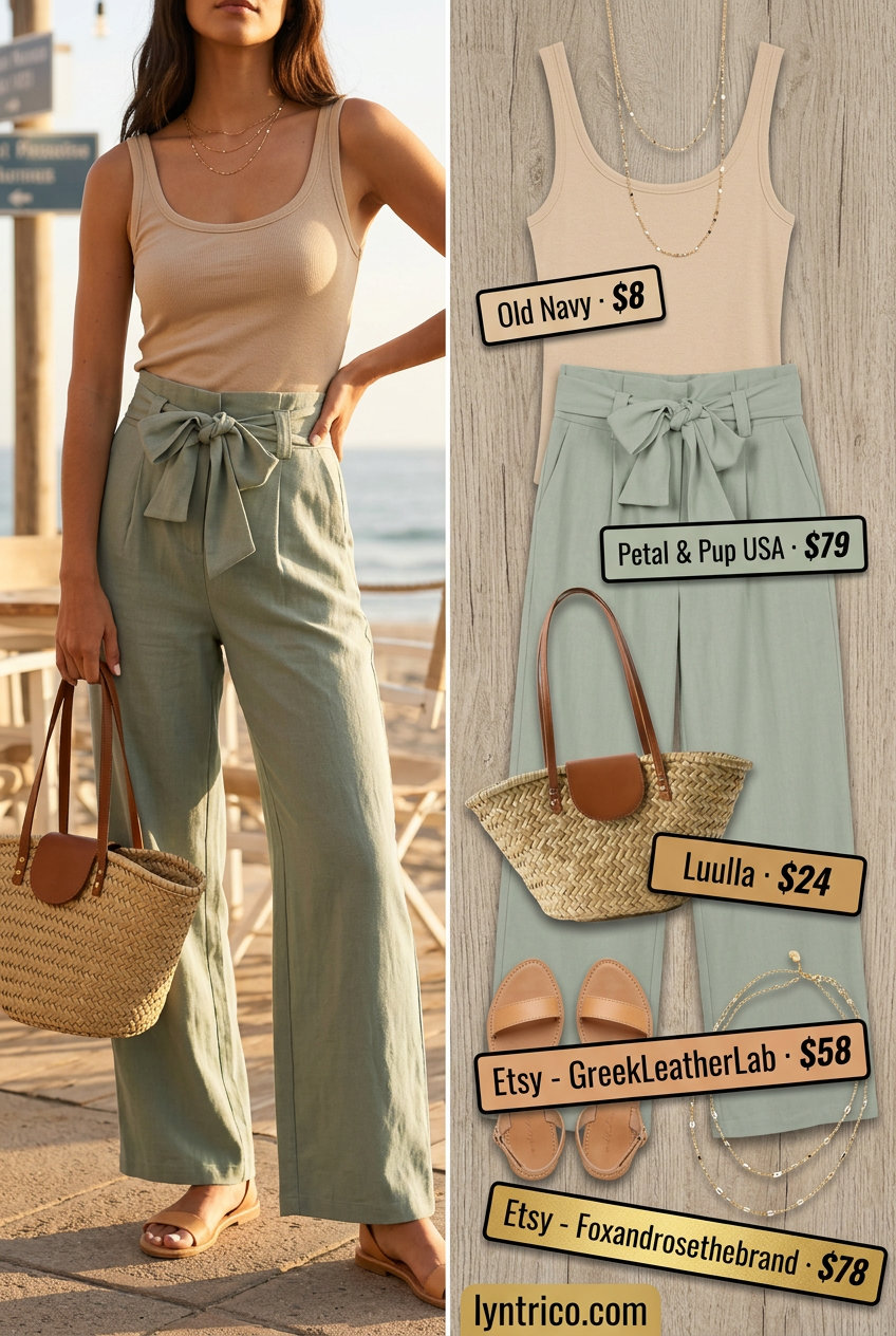 Summer outfits for women with olive skin tone 2026: Sage green linen pants, cream tank, straw tote, tan sandals.