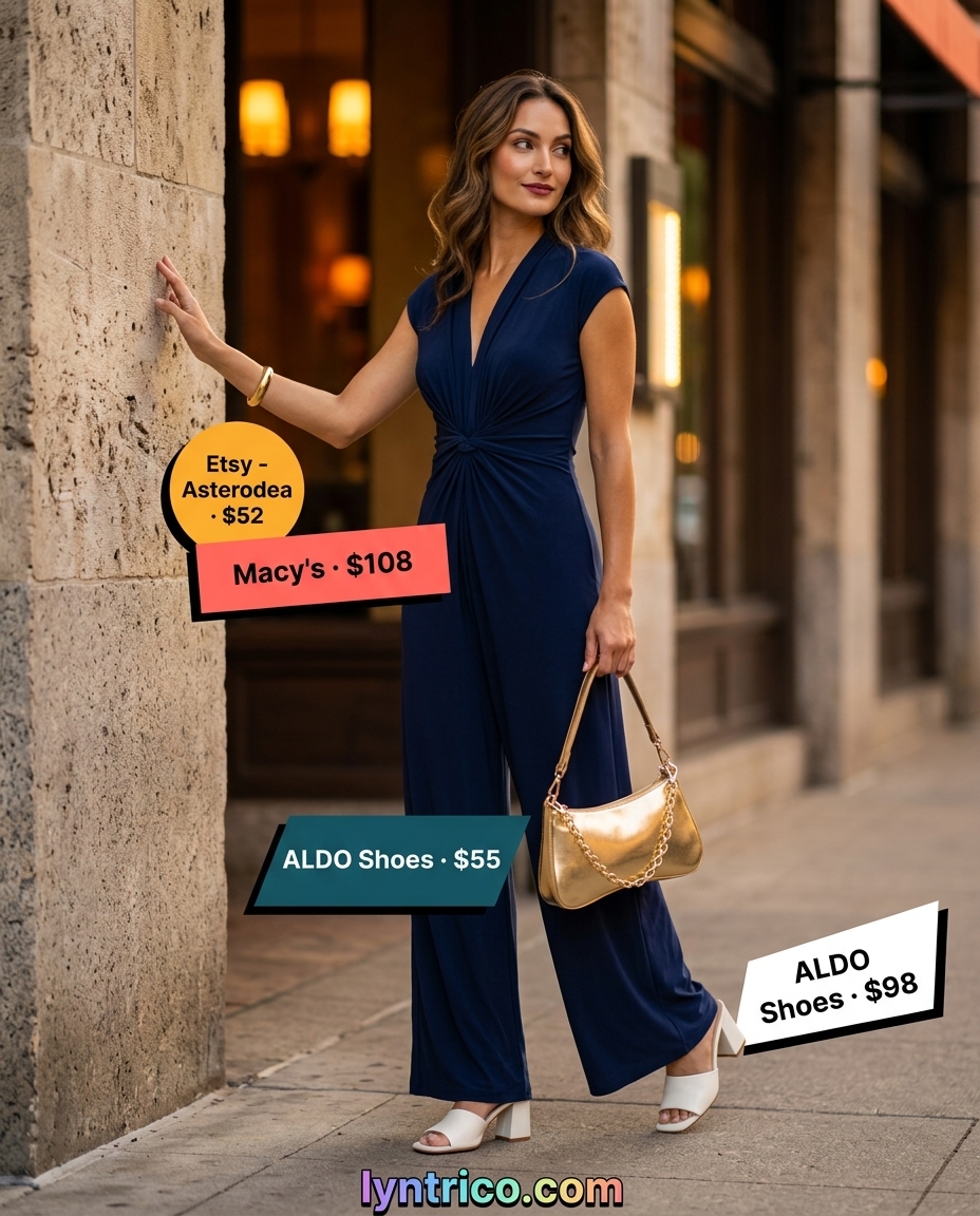 Summer outfits for women with olive skin tone 2026: Navy wide-leg jumpsuit, gold accessories, and white block heels.