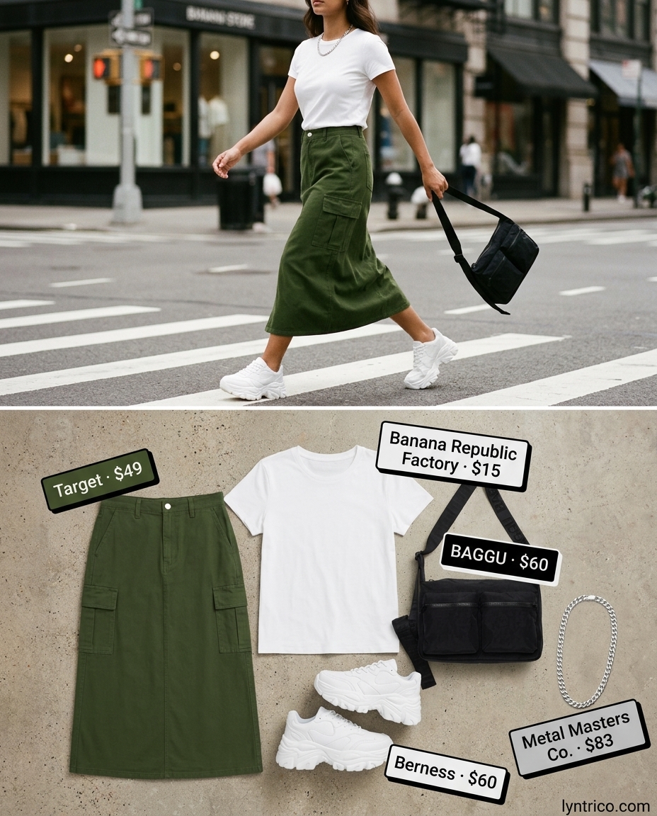 Summer outfits for women with olive skin tone 2026: Olive cargo skirt, white tee, chunky sneakers, black utility bag.