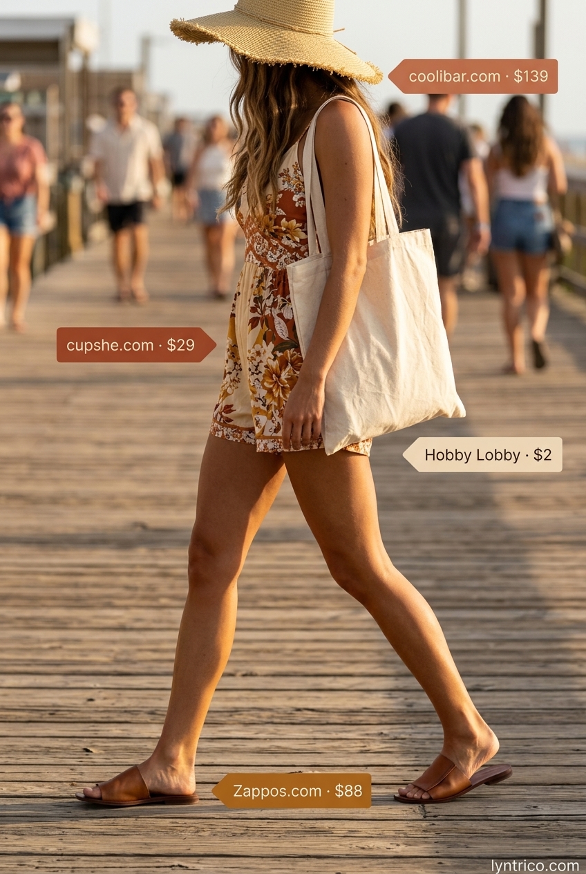 Summer outfits for women with olive skin tone 2026: Boho floral romper, straw hat, tan sandals for vacation.