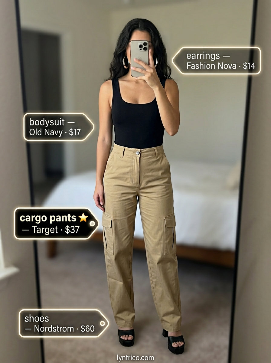 Summer outfits for women with olive skin tone 2026: Khaki cargo pants, black bodysuit, platform sandals, crossbody bag.