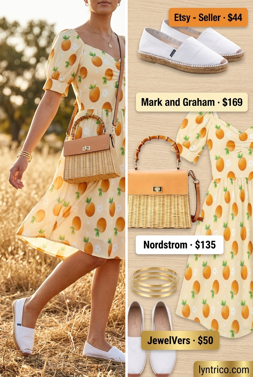 Summer outfits for women with olive skin tone 2026: Yellow citrus print mini dress, white espadrilles, gold bangles.