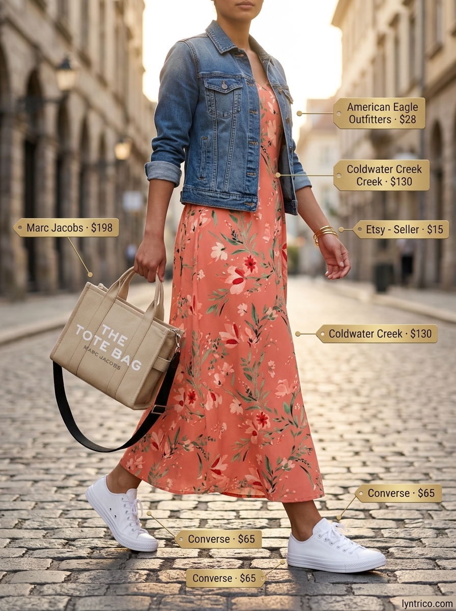 Summer outfits for women with olive skin tone 2026: Floral maxi dress, denim jacket, white sneakers for city exploration.