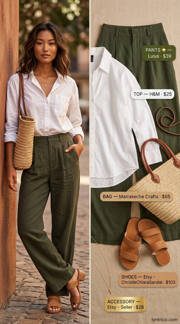Summer outfits for women with olive skin tone 2026: Olive green linen pants, white shirt, tan sandals, straw tote.
