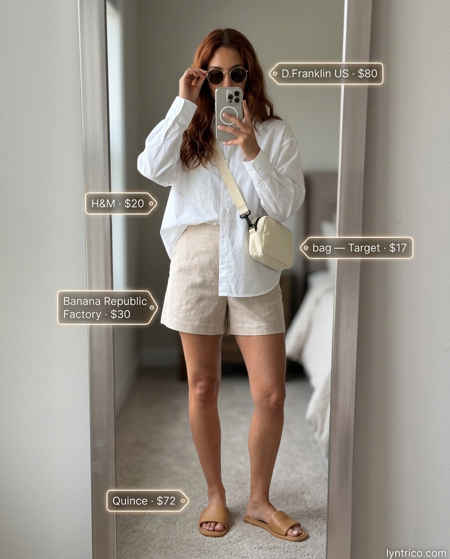 Summer outfits for women with olive skin tone 2026: Beige linen shorts, white oversized shirt, sunglasses for casual day.