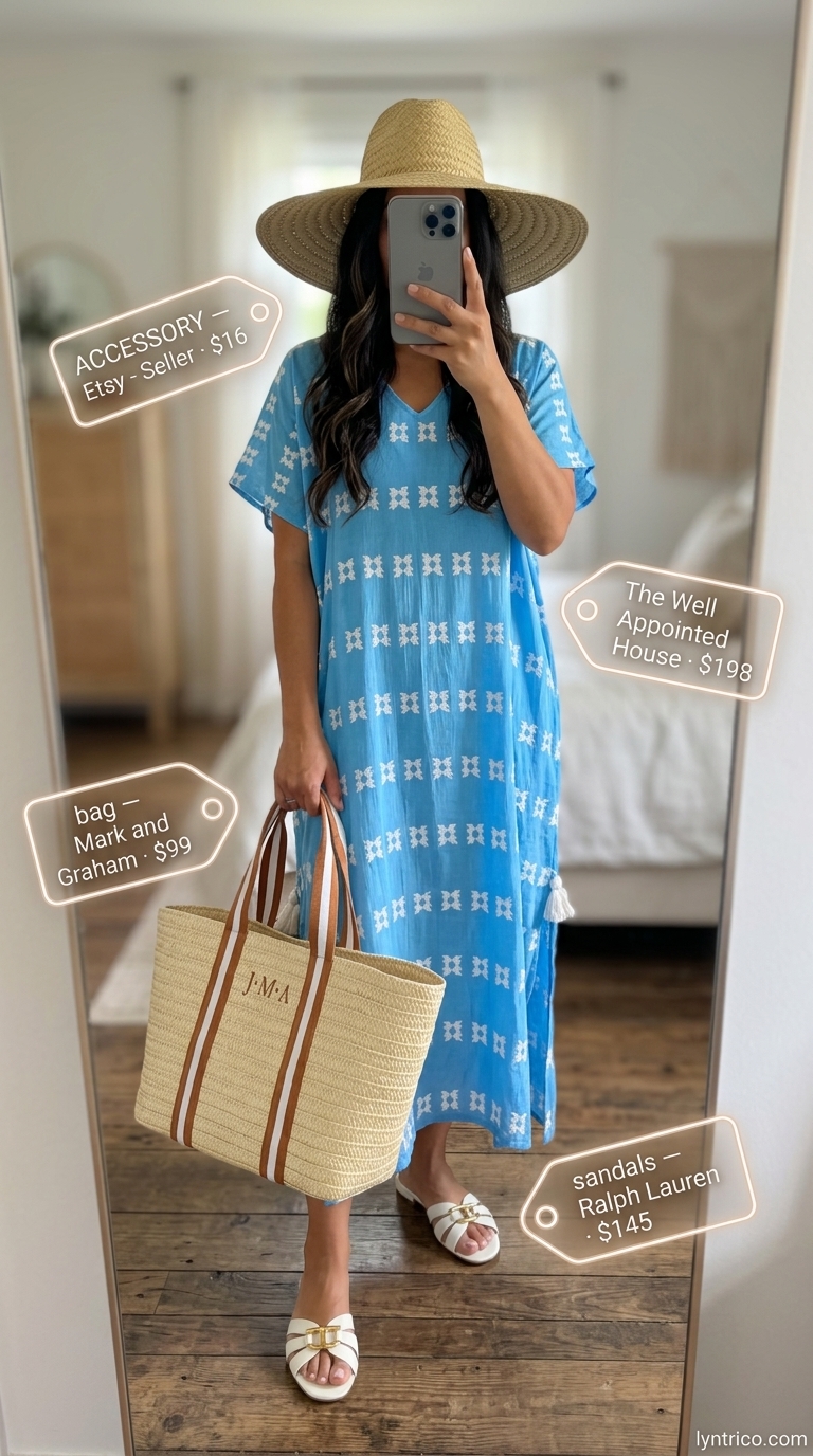Summer outfits for women with olive skin tone 2026: Sky blue maxi caftan, white slides, straw hat, straw tote.