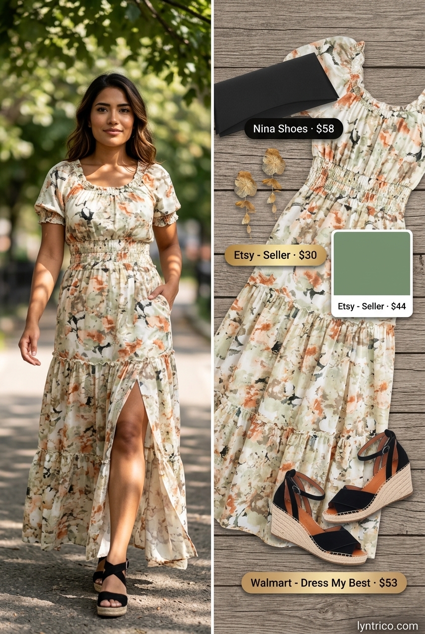 Summer outfits for women with olive skin tone 2026: Floral maxi dress, espadrille wedges, statement earrings, clutch.