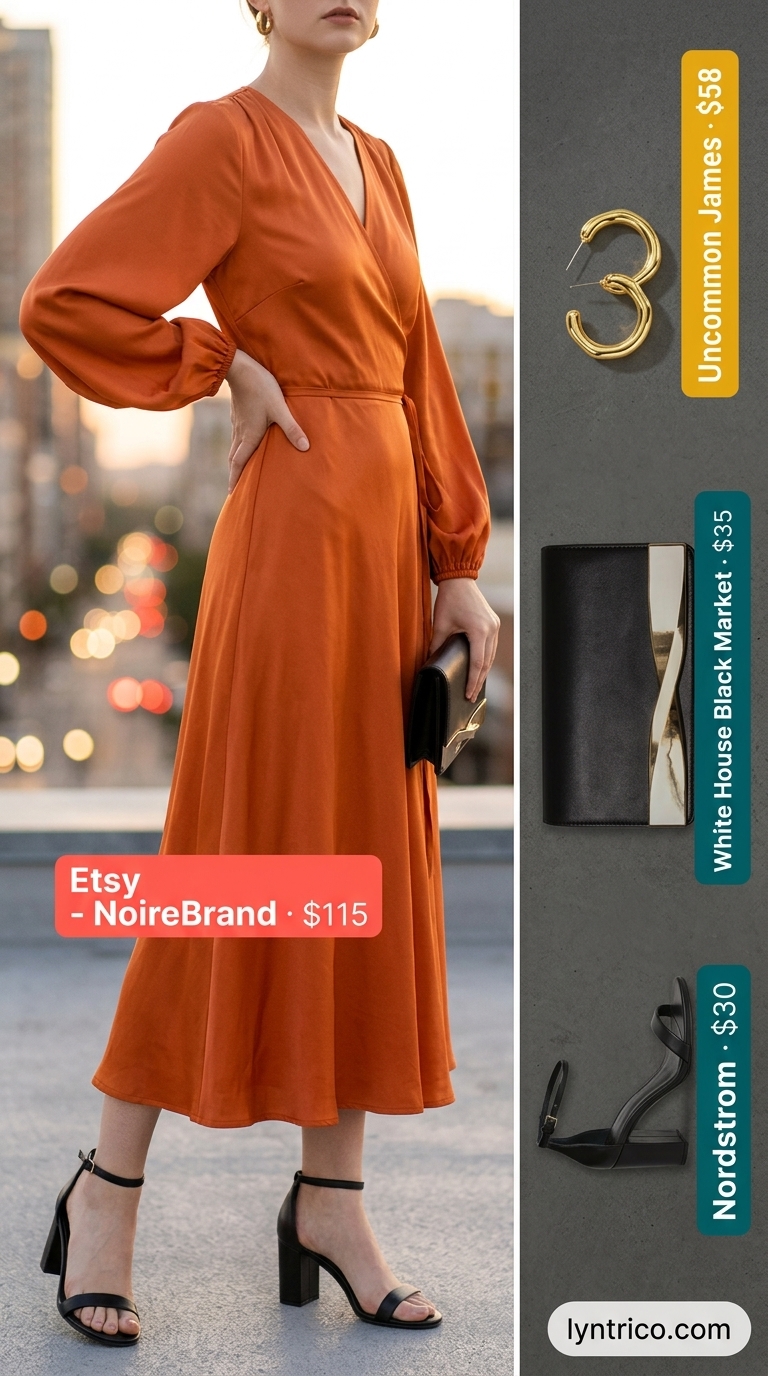 Summer outfits for women with olive skin tone 2026: Mango orange wrap dress, black heels, gold hoops for rooftop dinner.