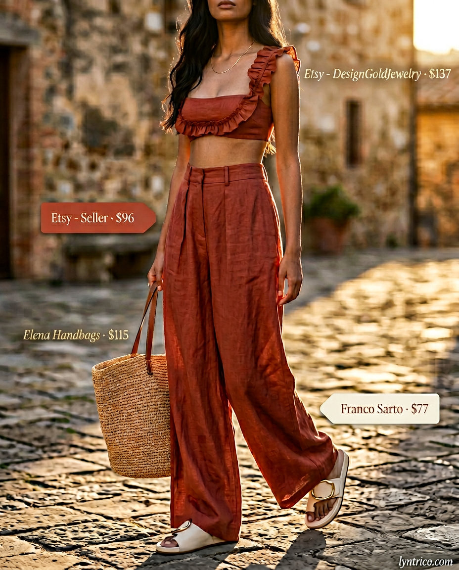 Summer outfits for women with olive skin tone 2026: Terracotta linen set, minimalist sandals, straw tote for beach brunch.
