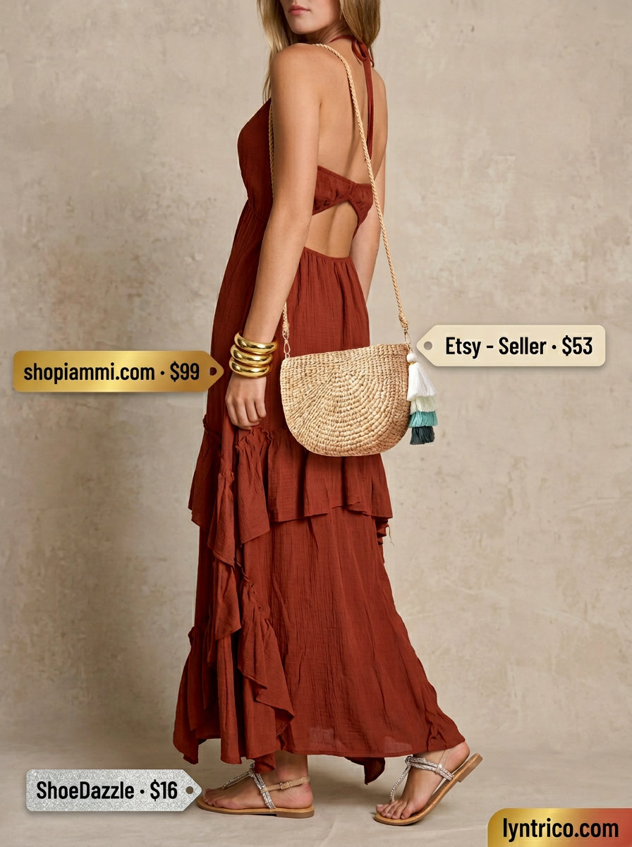 Summer outfits for women with olive skin tone 2026: Terracotta maxi dress, embellished sandals, gold bangles for vacation.