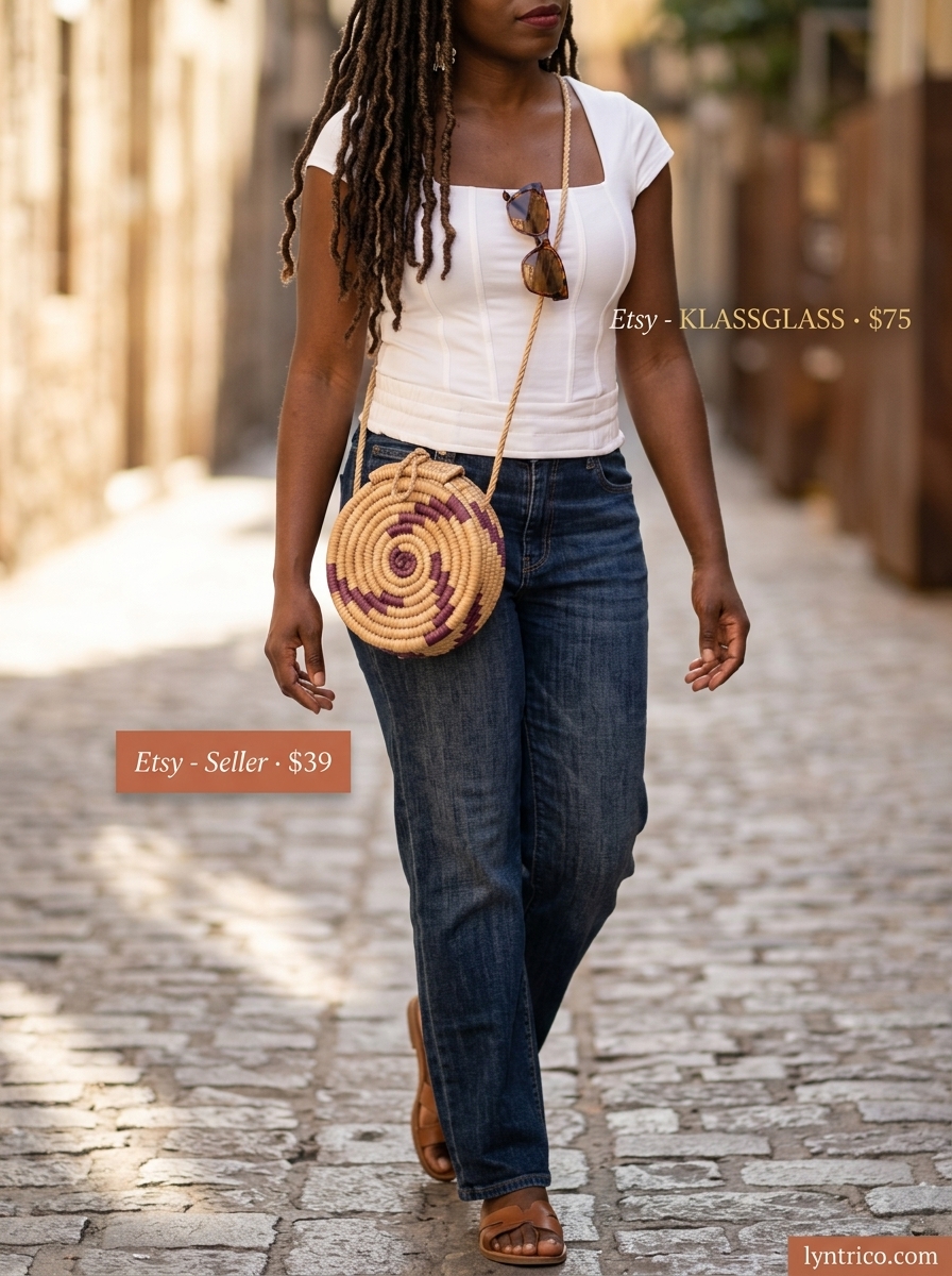 Summer outfits for women with olive skin tone 2026: Mustard yellow & teal two-piece set, white sneakers, cat-eye sunglasses.