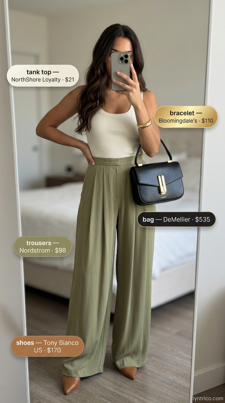 Summer outfits for women with olive skin tone 2026: Olive green wide-leg pants, cream tank, heeled mules, gold jewelry.