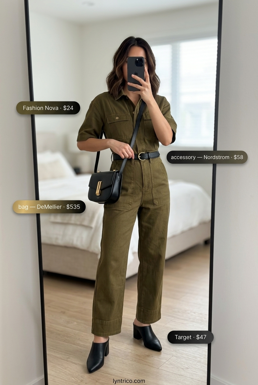 Summer outfits for women with warm skin tone 2026: Olive green utility jumpsuit, black belt, mules, and crossbody bag for smart casual.