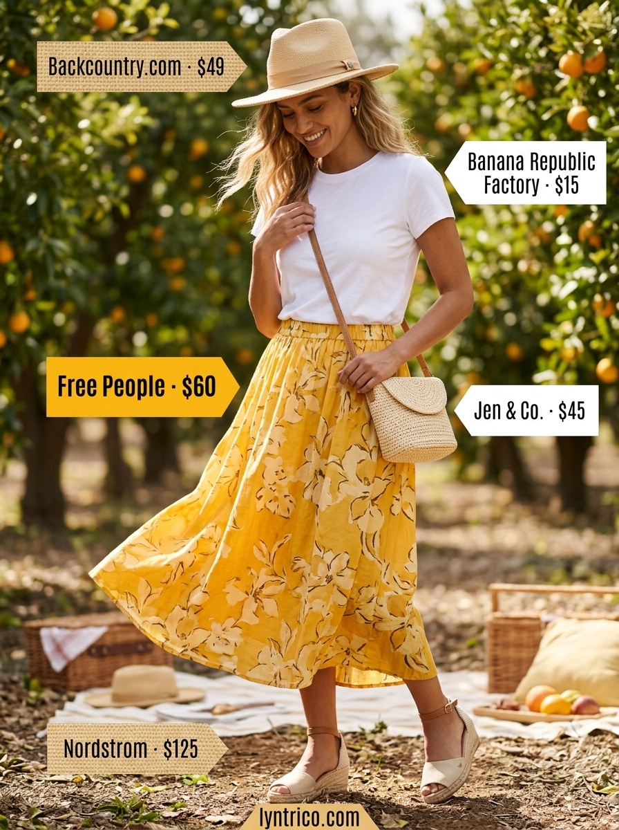 Summer outfits for women with warm skin tone 2026: Lemon yellow midi skirt, white tee, espadrilles, and straw hat for picnics.