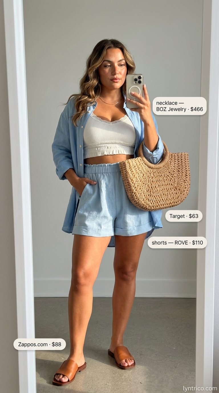 Summer outfits for women with warm skin tone 2026: Pastel blue linen set, flat sandals, gold necklace, and straw tote for vacation.
