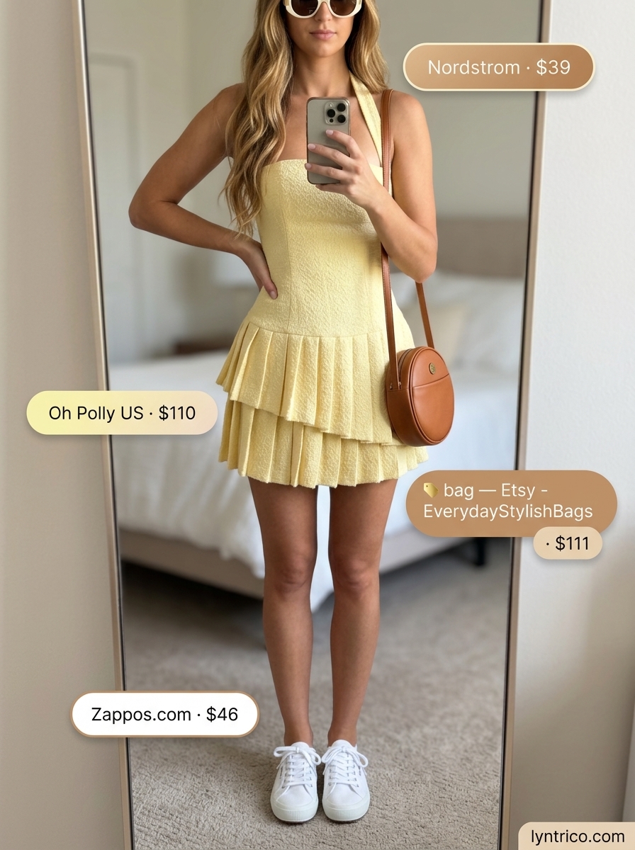 Summer outfits for women with warm skin tone 2026: Lemon yellow sundress, white sneakers, and tan crossbody bag for brunch.