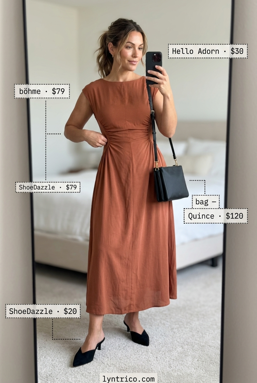 Summer outfits for women with warm skin tone 2026: Terracotta midi dress, black mules, and gold earrings for chic evenings.