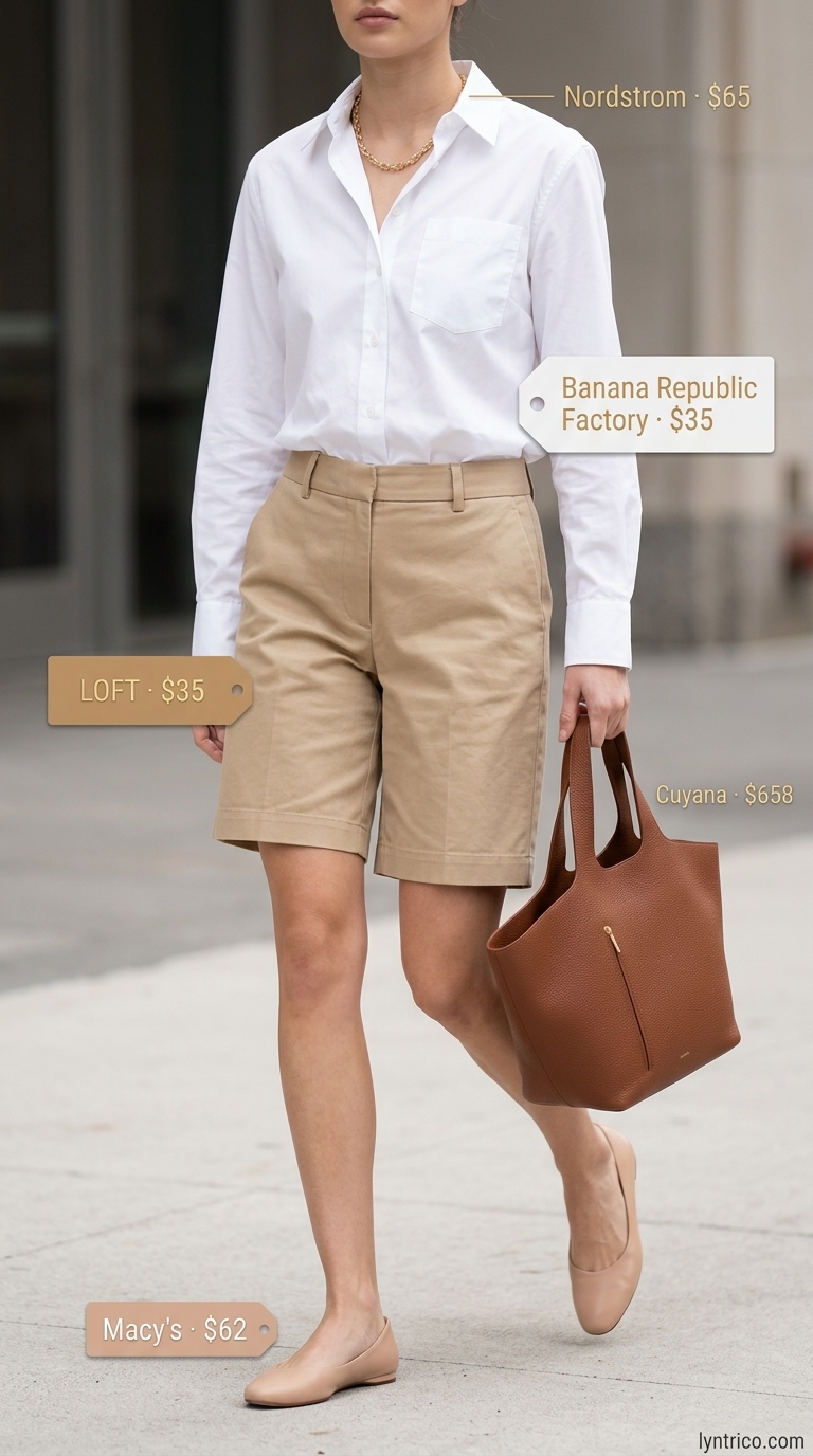 Summer outfits for women with warm skin tone 2026: Tan Bermuda shorts, white shirt, gold necklace, and nude flats for smart casual.