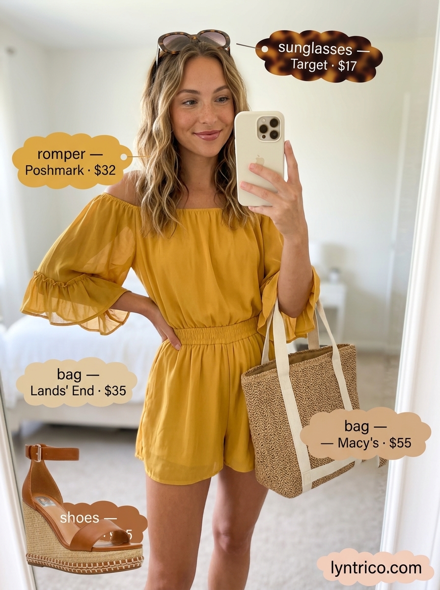 Summer outfits for women with warm skin tone 2026: Mustard yellow off-shoulder romper, straw tote, and espadrille wedges.