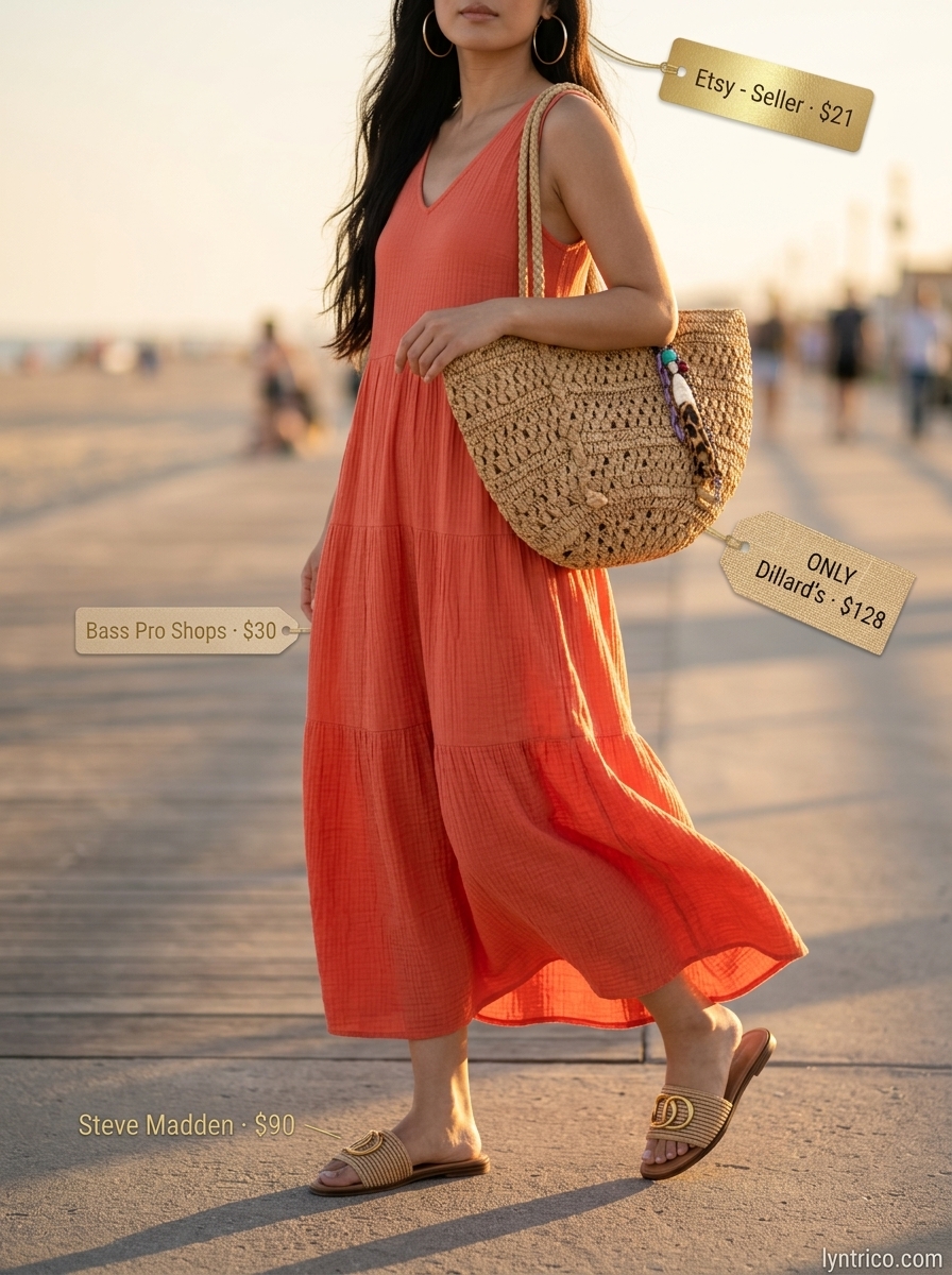 Summer outfits for women with warm skin tone 2026: Coral maxi dress, raffia sandals, gold hoops, and raffia tote for resort wear.