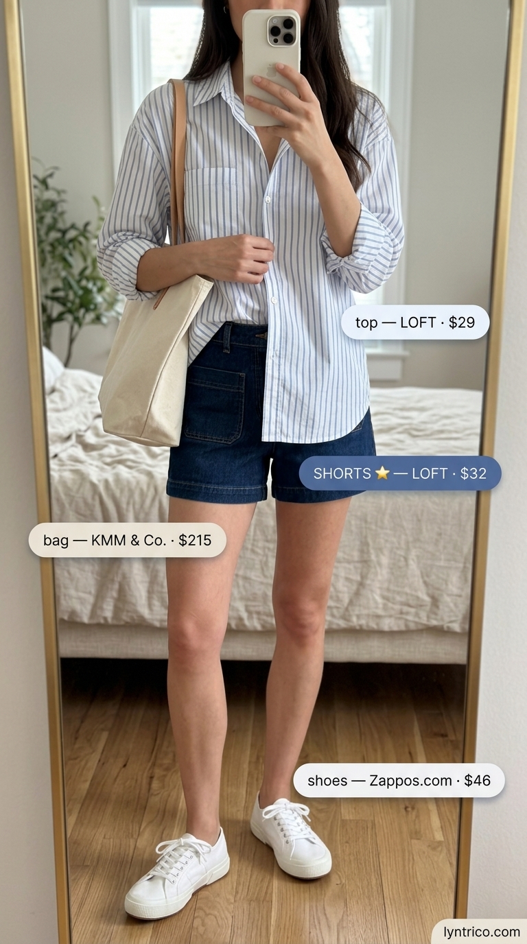 Summer outfits for women with warm skin tone 2026: Denim shorts, striped shirt, canvas tote, and white sneakers for city exploring.